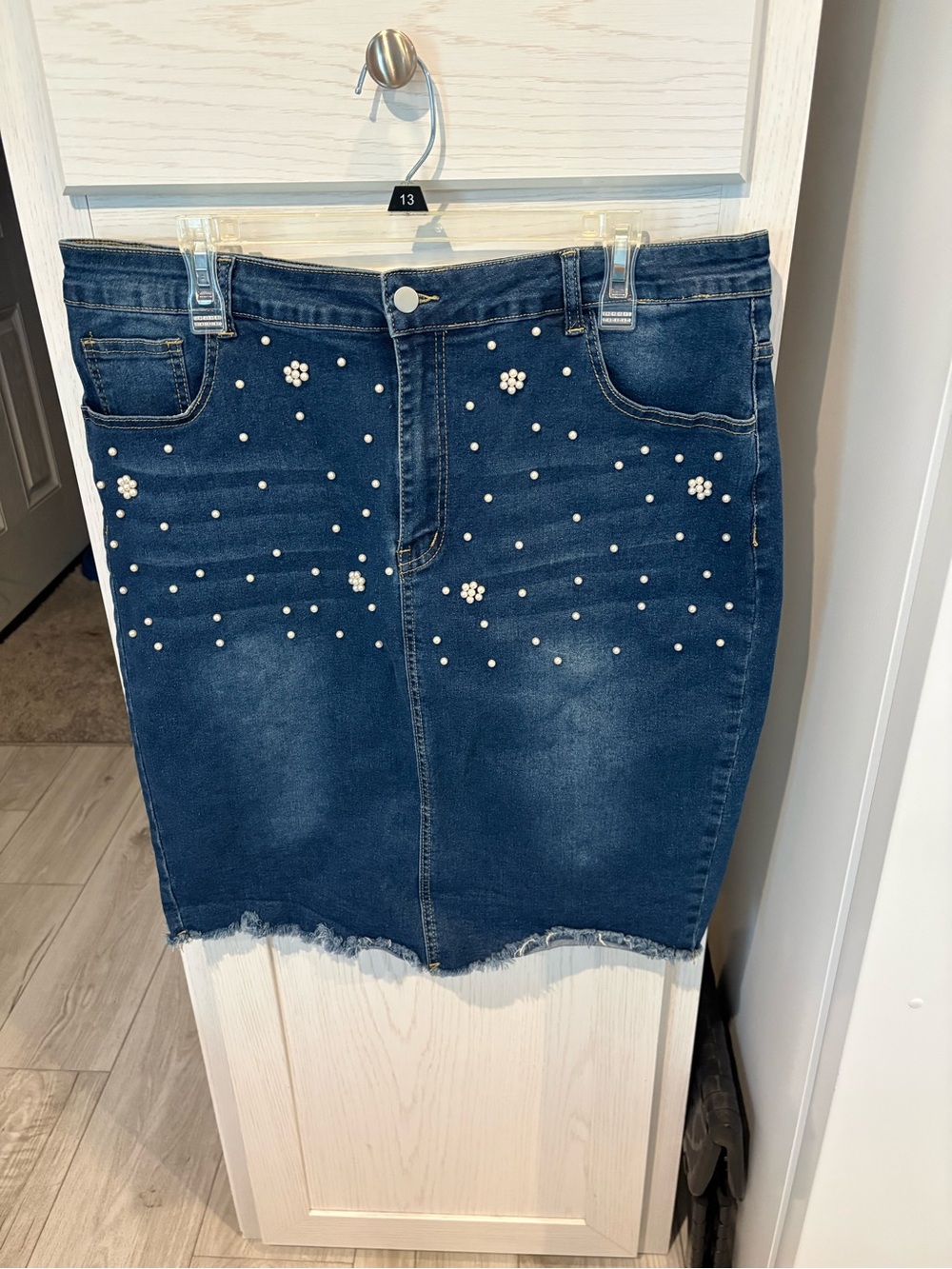 Dark Blue Pearl-Embellished Denim Skirt